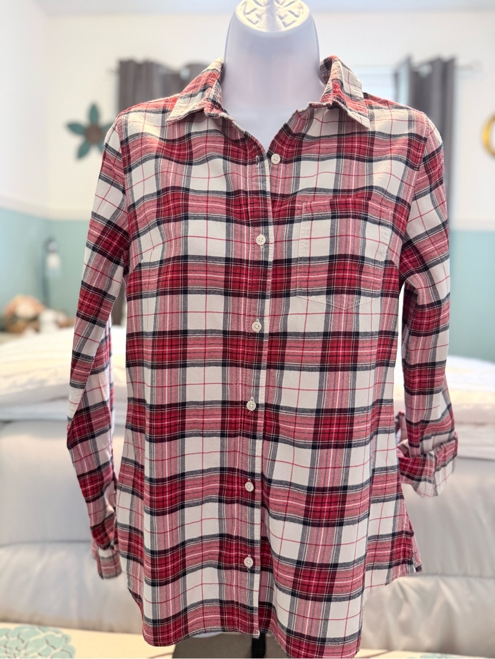 Banana Republic Red and Navy Plaid Button-Up Shirt